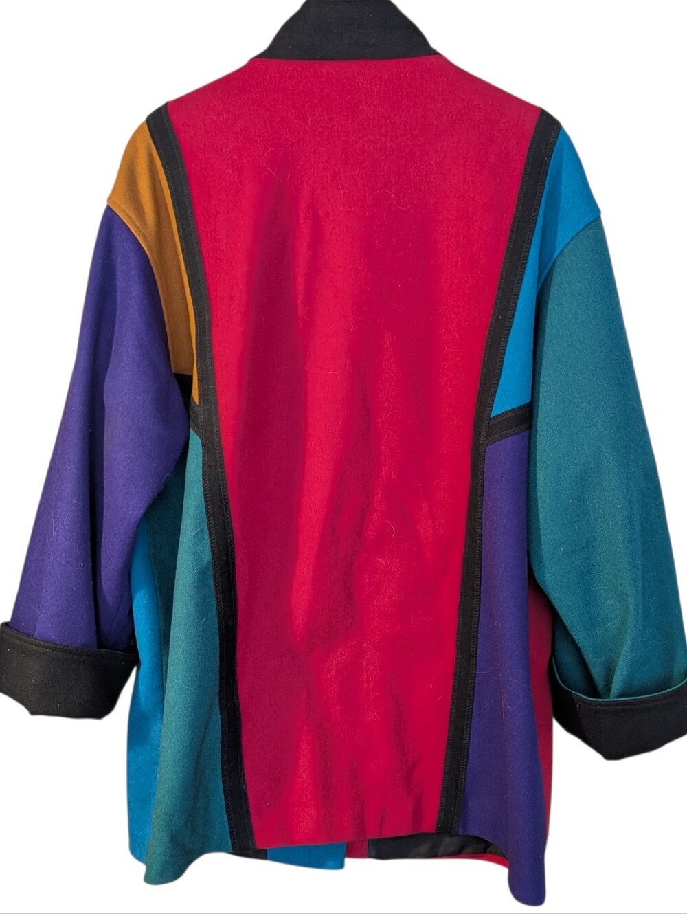 International Scene Colorblock Wool Coat Large Vintage 80s Colorful Retro Cozy - Picture 5 of 6